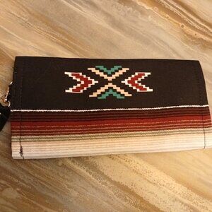 New Southwestern Clutch Wristlet Wallet Wine Black Blue Sarape Stripe Zippered